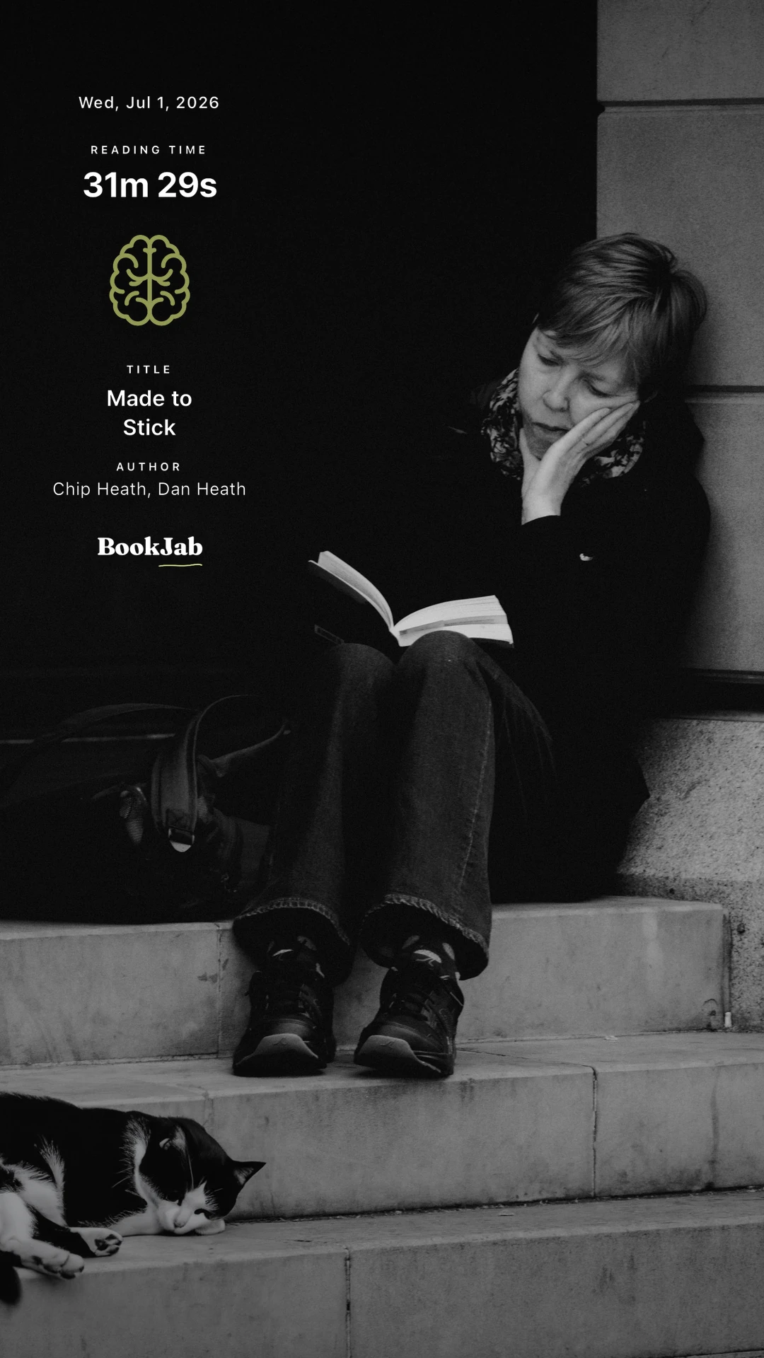 Made to Stick · 31m — reading on stone steps, black and white