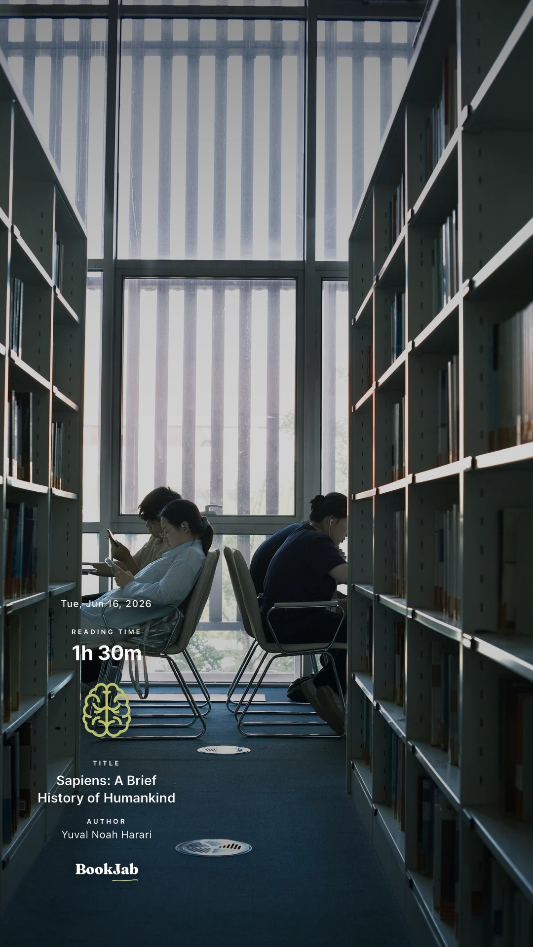Sapiens · 1h 30m — a library aisle
