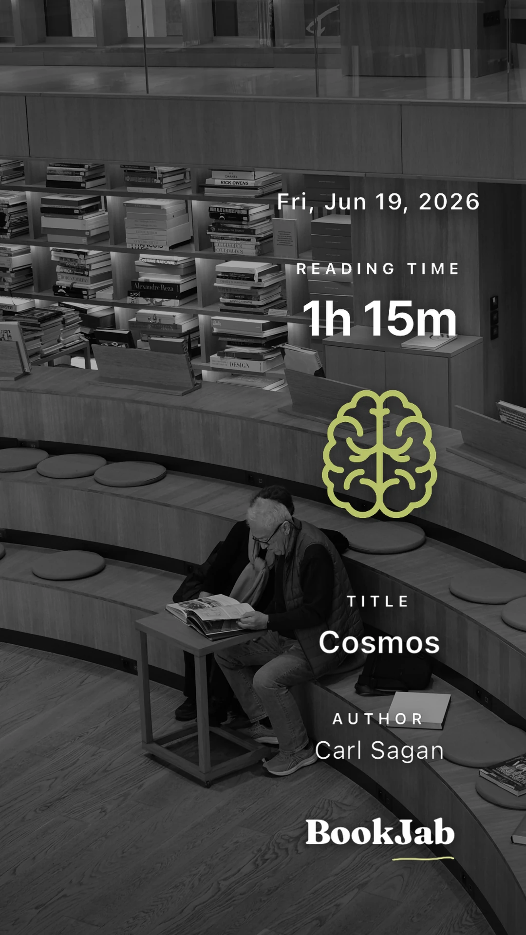 Cosmos · 1h 15m — a round library, black and white