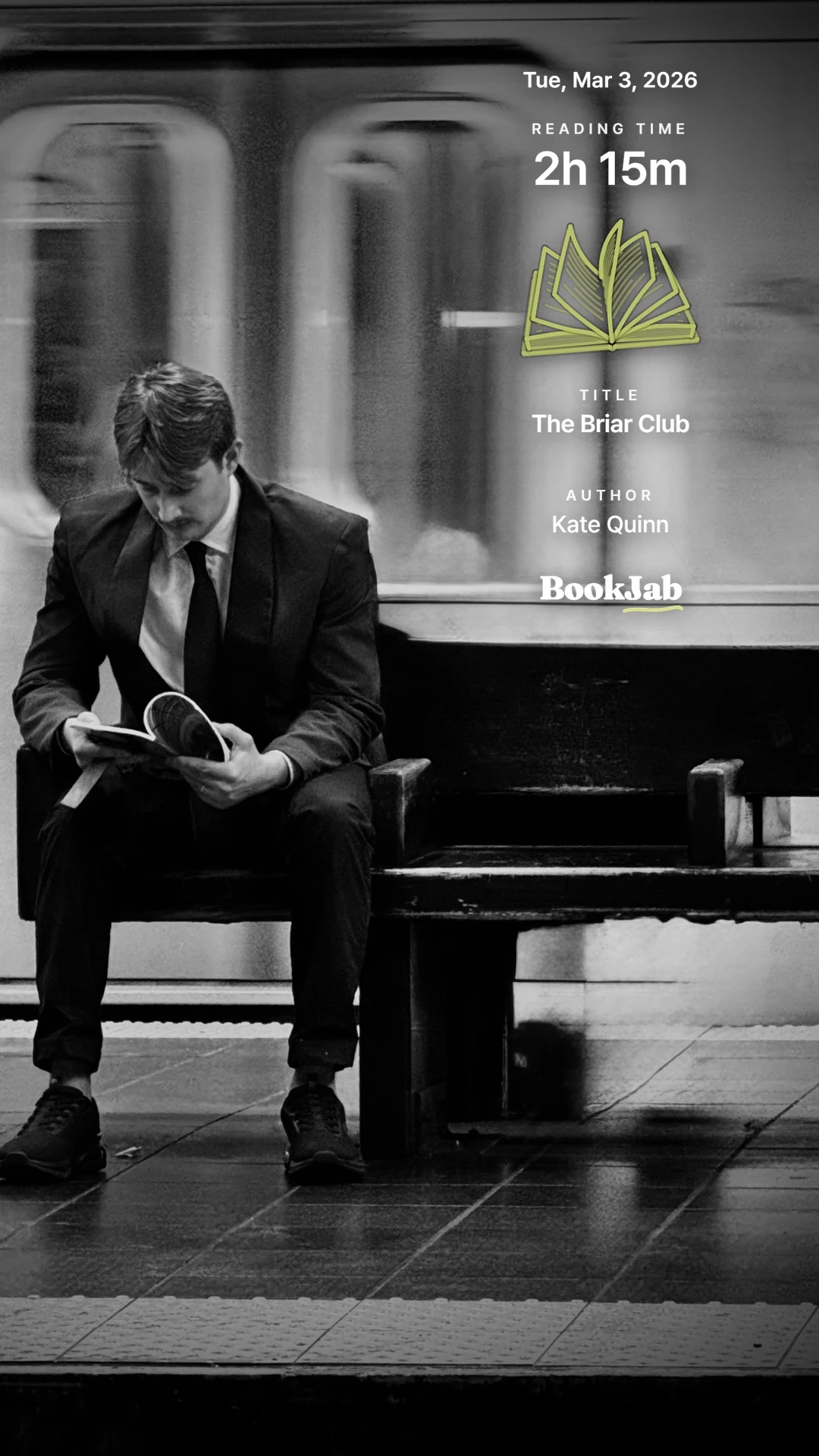 The Briar Club · 2h 15m — a man reading on a subway platform bench, black and white