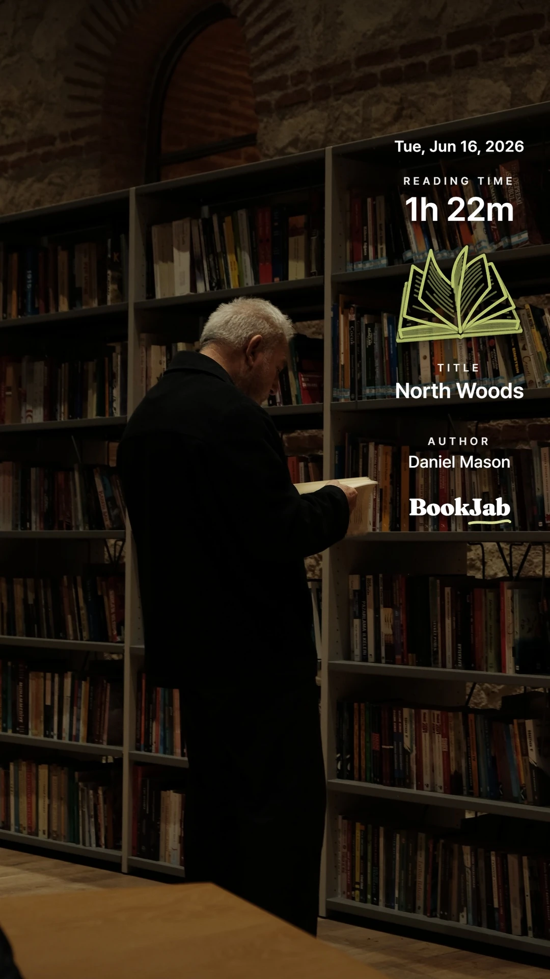 North Woods · 1h 22m — a man reading in a brick-walled library