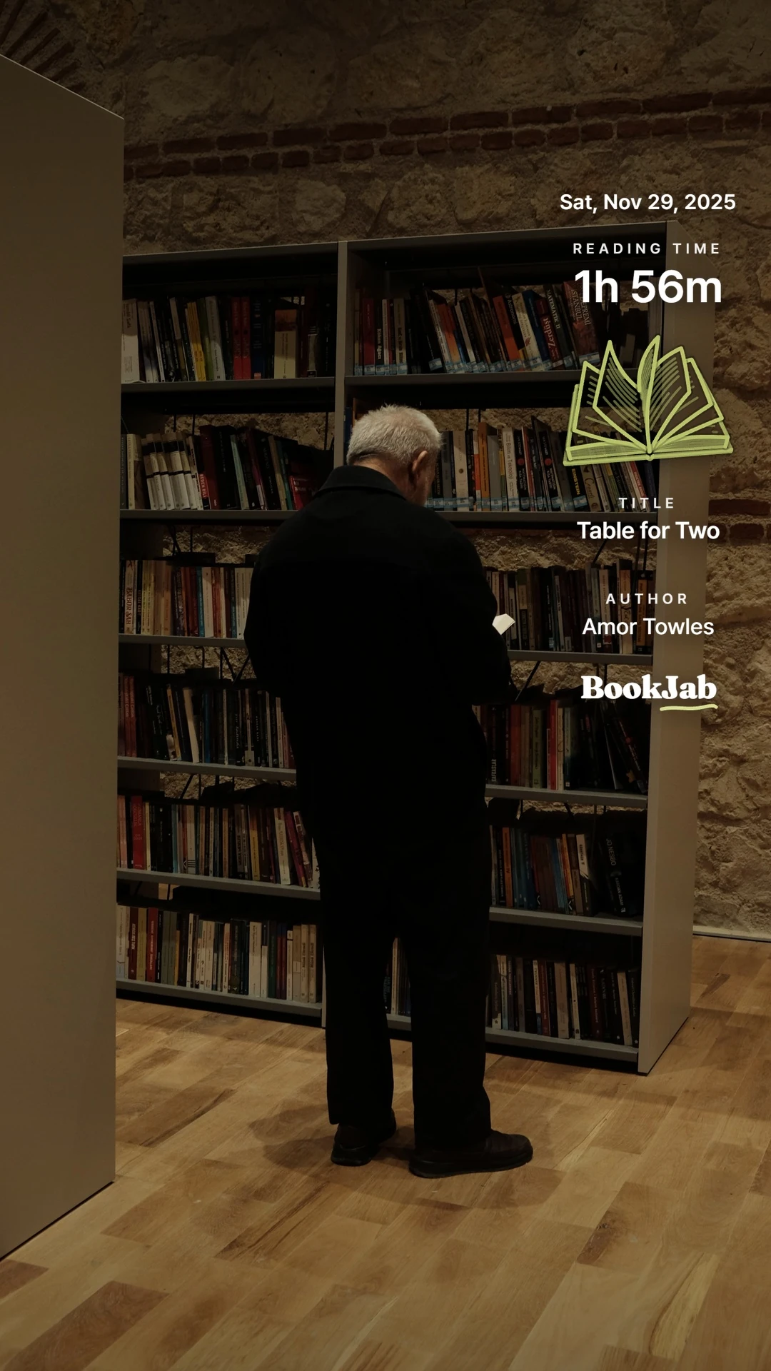 Table for Two · 1h 56m — a man at a bookshelf against a stone wall